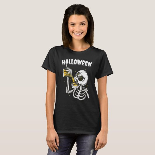 Halloween Beer Drinking Skeleton T-shirt (Voorkant volledig)