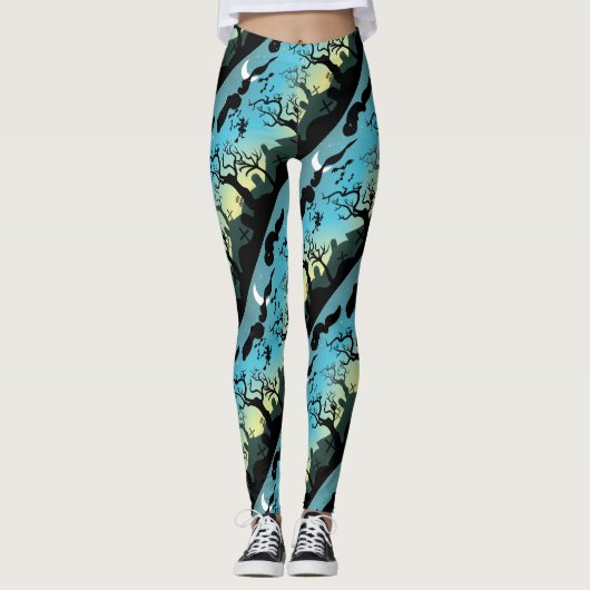 Halloween begraafplaats landschap paarse aqua en g leggings (Voorkant)