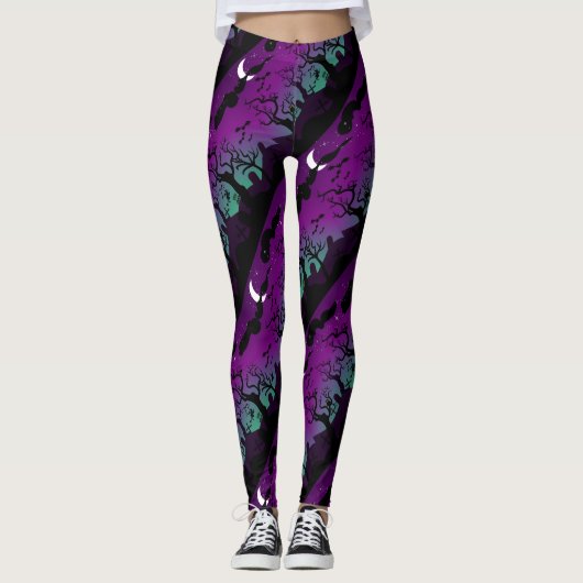 Halloween begraafplaats landschap paarse en aqua leggings (Voorkant)