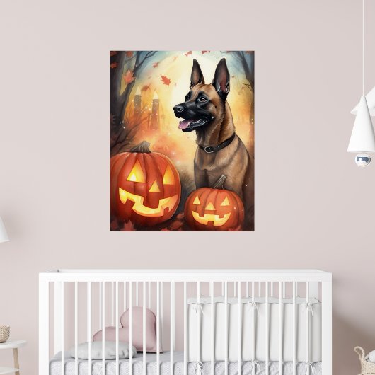 Halloween Belgische Malinoi Met Pompoenen Griezele Poster (Kinderkamer 2)