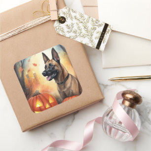 Halloween Belgische Malinoi Met Pompoenen Griezele Vierkante Sticker
