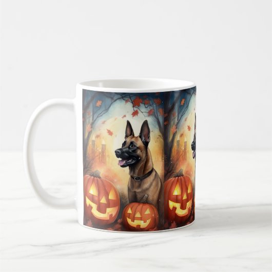 Halloween Belgium Malinoi met pompoenen eng Koffiemok (Links)