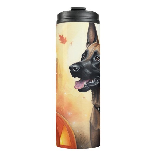 Halloween Belgium Malinoi met pompoenen eng Thermosbeker (Voorkant)