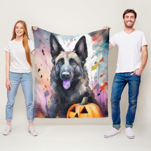 Halloween Belgium Shepherd met pompoenen eng Fleece Deken (In situ)