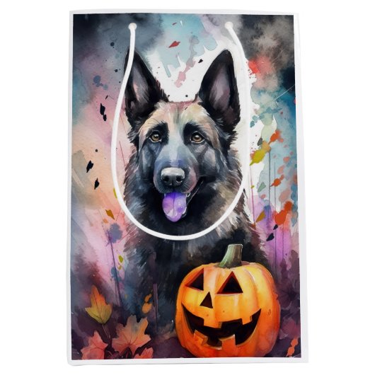 Halloween Belgium Shepherd met pompoenen eng Medium Cadeauzakje (Voorkant)