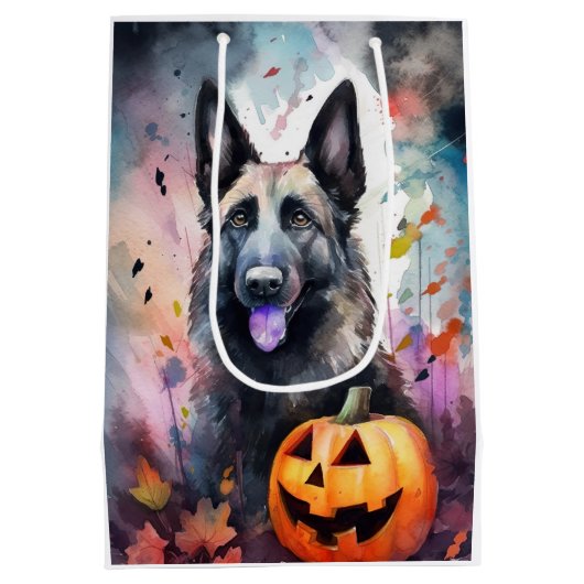 Halloween Belgium Shepherd met pompoenen eng Medium Cadeauzakje (Achterkant)