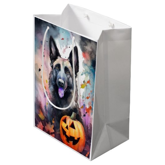 Halloween Belgium Shepherd met pompoenen eng Medium Cadeauzakje (Achterkant Gekanteld)