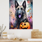 Halloween Belgium Shepherd met pompoenen eng Poster (Keuken)