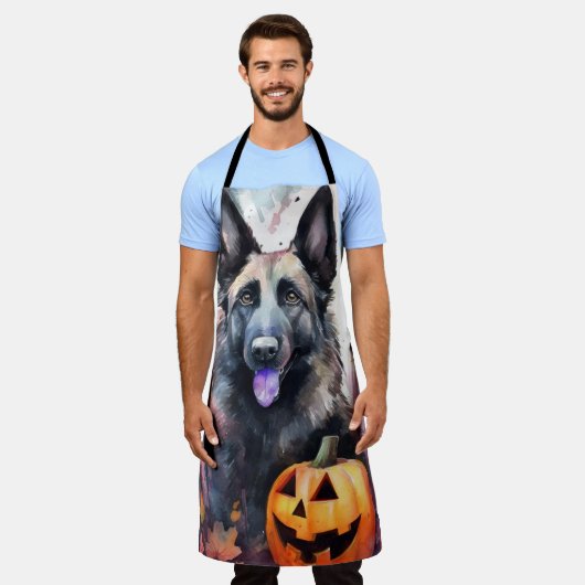 Halloween Belgium Shepherd met pompoenen eng Schort (Gedragen)