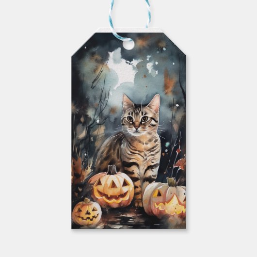 Halloween Bengaal Cat met pompoenen eng Cadeaulabel (Voorkant)