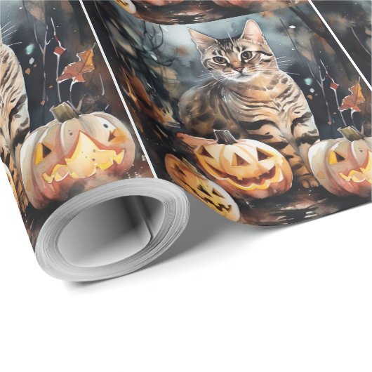 Halloween Bengaal Cat met pompoenen eng Cadeaupapier (Rol Hoek)