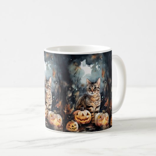 Halloween Bengaal Cat met pompoenen eng Koffiemok (Voorkant rechts)