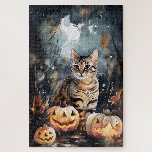 Halloween Bengaal Cat met pompoenen eng Legpuzzel (Verticaal)