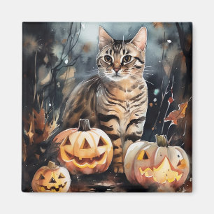 Halloween Bengaal Cat met pompoenen eng Magneet