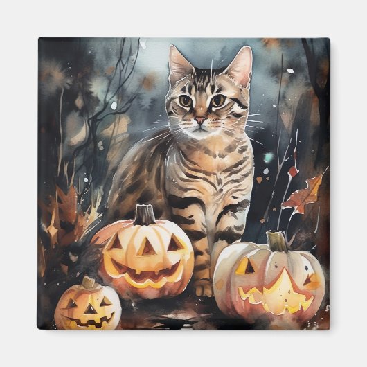 Halloween Bengaal Cat met pompoenen eng Magneet (Voorkant)