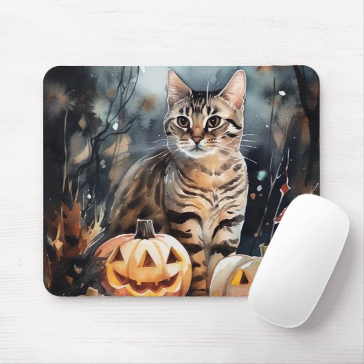 Halloween Bengaal Cat met pompoenen eng Muismat (Met muis)