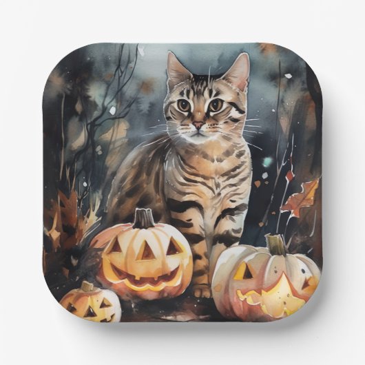 Halloween Bengaal Cat met pompoenen eng Papieren Bordje (Voorkant)