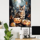 Halloween Bengaal Cat met pompoenen eng Poster (Thuiskantoor)