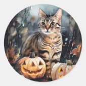Halloween Bengaal Cat met pompoenen eng Ronde Sticker (Voorkant)