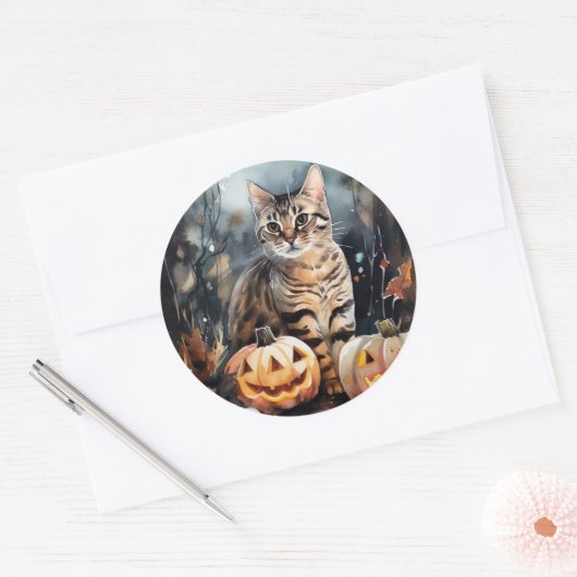Halloween Bengaal Cat met pompoenen eng Ronde Sticker (Envelop)