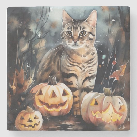 Halloween Bengaal Cat met pompoenen eng Stenen Onderzetter (Voorkant)