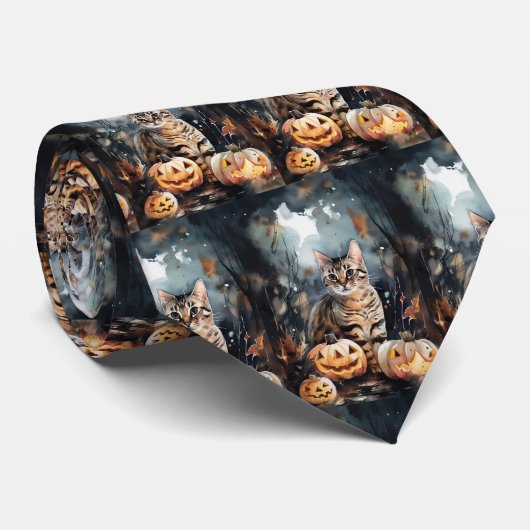 Halloween Bengaal Cat met pompoenen eng Stropdas (Opgerold)
