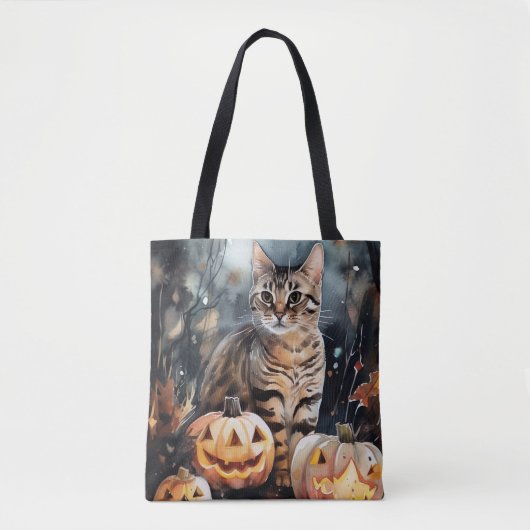Halloween Bengaal Cat met pompoenen eng Tote Bag (Voorkant)