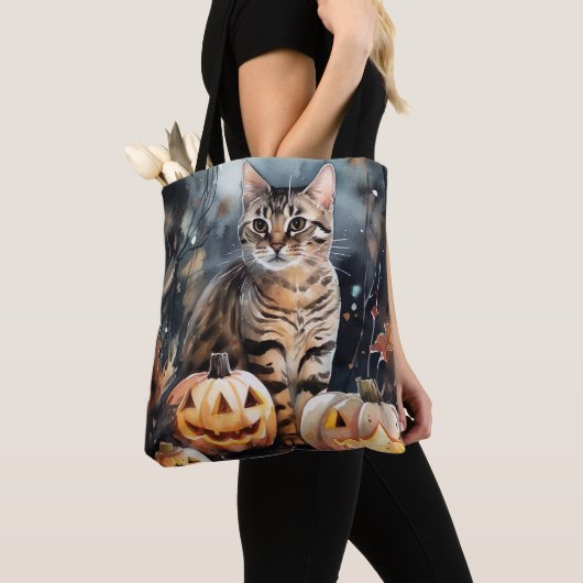 Halloween Bengaal Cat met pompoenen eng Tote Bag (Dichtbij)