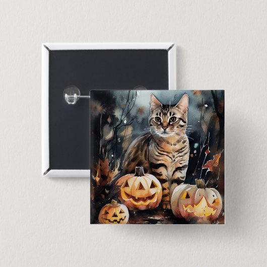 Halloween Bengaal Cat met pompoenen eng Vierkante Button 5,1 Cm (Voorkant /achterkant)