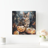 Halloween Bengaal Cat met pompoenen eng Vierkante Klok (Huis)