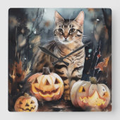 Halloween Bengaal Cat met pompoenen eng Vierkante Klok (Voorkant)