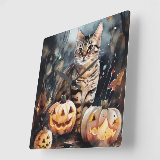Halloween Bengaal Cat met pompoenen eng Vierkante Klok (Hoek)