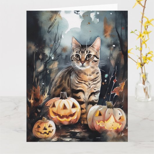 Halloween Bengaalse Kat Met Pompoenen Griezelen Kaart (Gele Bloem)