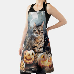 Halloween Bengaalse Kat Met Pompoenen Griezelen Schort