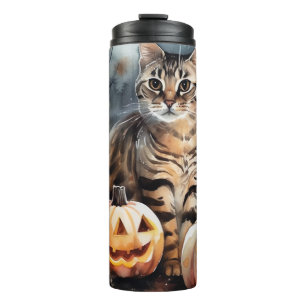 Halloween Bengaalse Kat Met Pompoenen Griezelen Thermosbeker