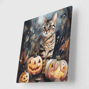 Halloween Bengaalse Kat Met Pompoenen Griezelen Vierkante Klok