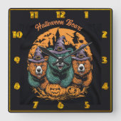 Halloween beren in speelse heks petten 's nachts vierkante klok (Voorkant)
