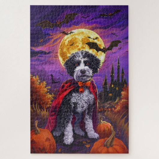Halloween Bernedoodle Dog Pumpkins eng Legpuzzel (Verticaal)