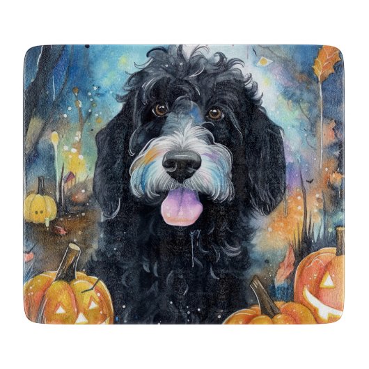 Halloween Bernedoodle Met Pompoenen Eng Snijplank (Voorkant)
