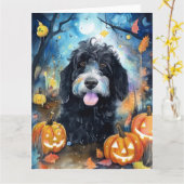 Halloween Bernedoodle Met Pompoenen Griezelen Kaart (Gele Bloem)