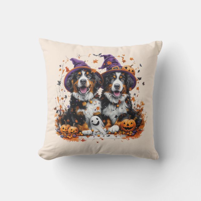 Halloween Berner Mountain Dogs Witch Ghost Kussen (Voorkant)
