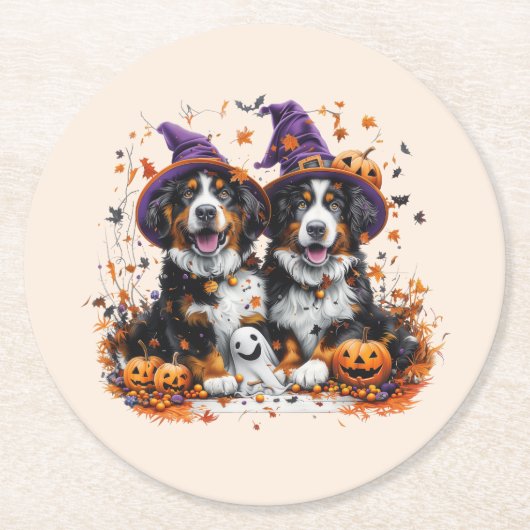 Halloween Berner Mountain Dogs Witch Ghost Ronde Kartonnen Onderzetter (Voorkant)