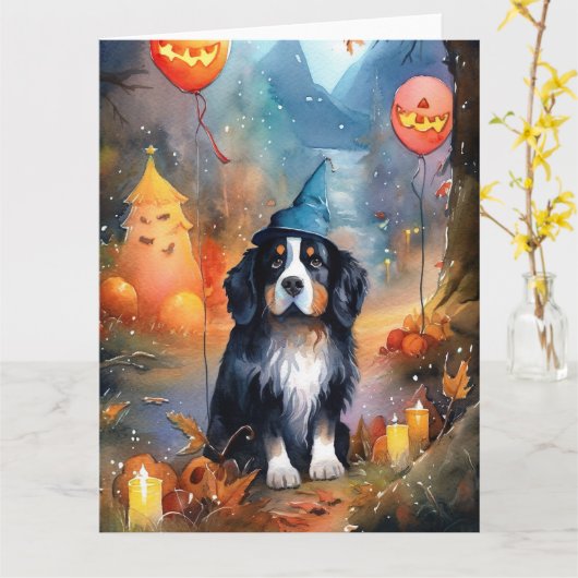Halloween Berner Sennenhond Met Pompoenen Eng Kaart (Gele Bloem)