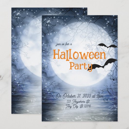 Halloween Beunting Volle Maan Blauwe Witte Vleermu Kaart (Voorkant / Achterkant)