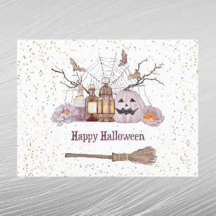 Halloween Bezem Pompoen Spinnenweb Lantaarn Feestdagenkaart
