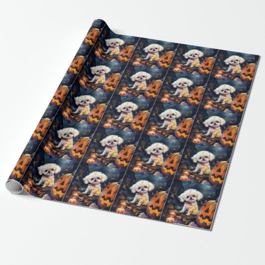 Halloween Bichon Frise met pompoenen eng Cadeaupapier (Uitgerold)