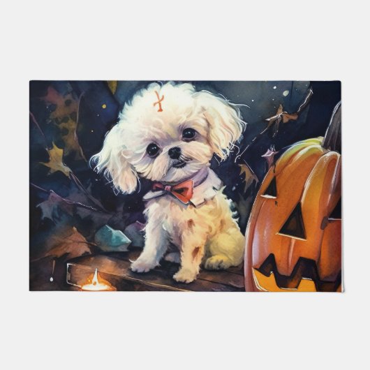 Halloween Bichon Frise met pompoenen eng Deurmat (Voorkant)