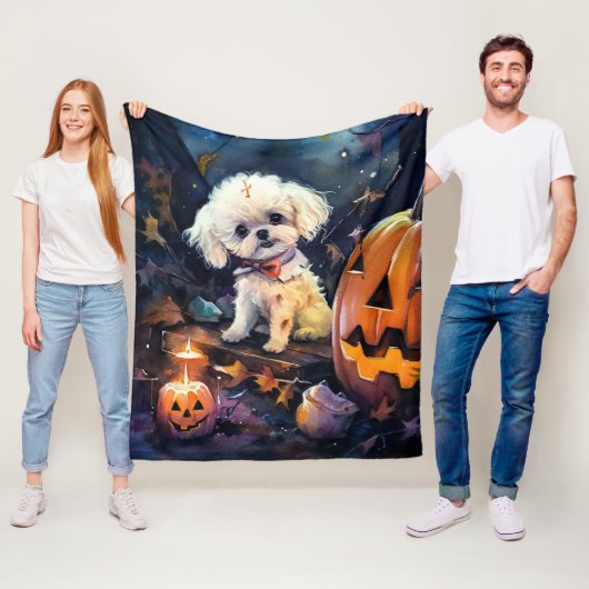 Halloween Bichon Frise met pompoenen eng Fleece Deken (In situ)
