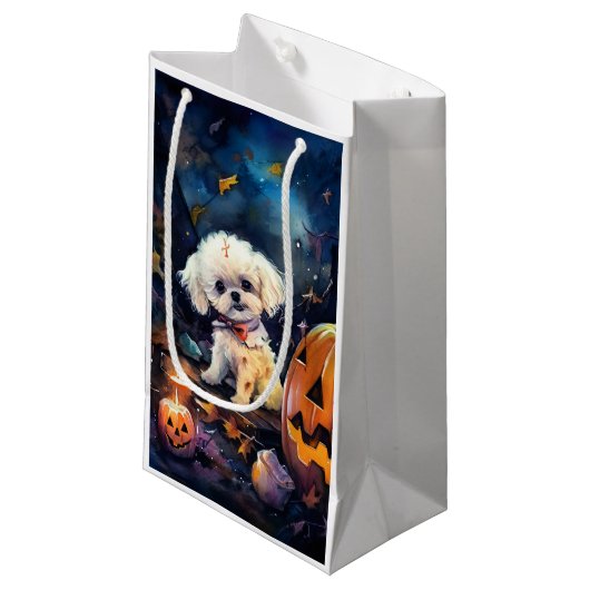 Halloween Bichon Frise met pompoenen eng Klein Cadeauzakje (Voorkant Gekanteld)