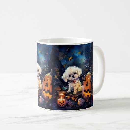 Halloween Bichon Frise met pompoenen eng Koffiemok (Voorkant rechts)